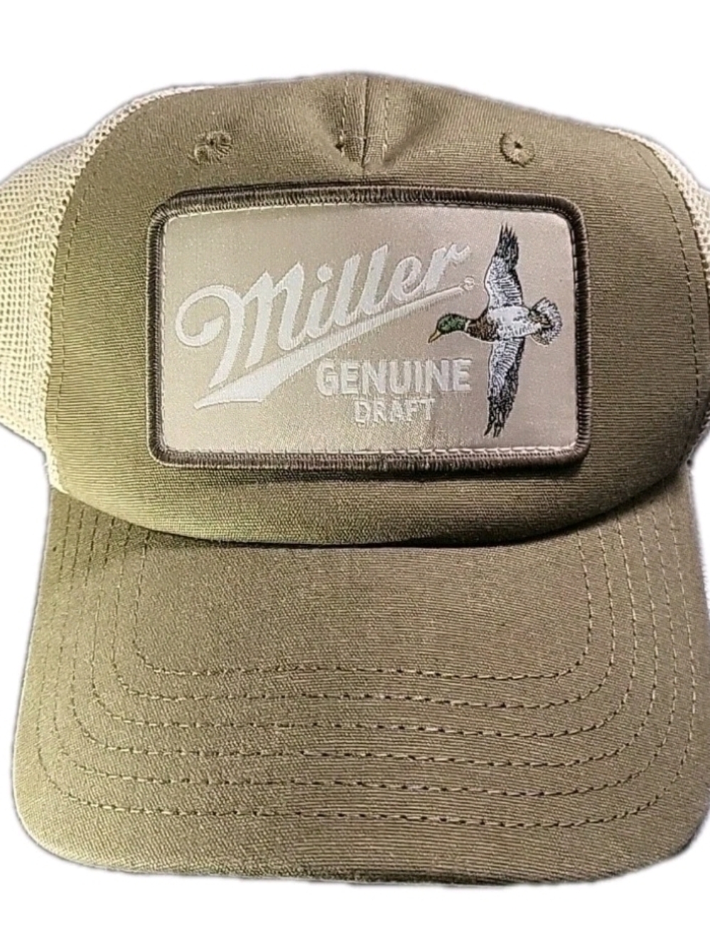 Miller Genuine Draft Beer Embroidered Duck Logo Tan Trucker Hat Cap MGD